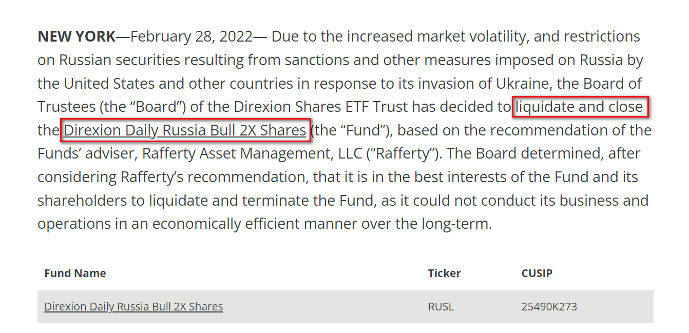 Direxion Shares基金公司於2/28發表聲明，RUSL即將清算與下市